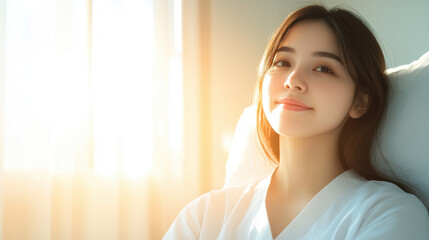 serene woman in white robe smiles softly, illuminated by warm sunlight. Her calm expression conveys tranquility and comfort in bright, airy room
