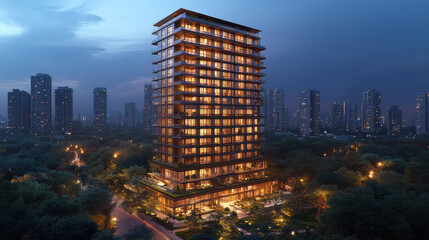 都市の中に立つ高級マンション