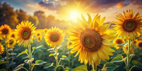 Obraz premium Vintage Style Photography of Vibrant Yellow Sunflowers in a Sunlit Field Capturing Natural Beauty, Summer Joy, and Rustic Charm