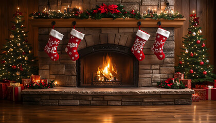 Cozy Christmas fireplace scene with stockings, trees, and gifts.