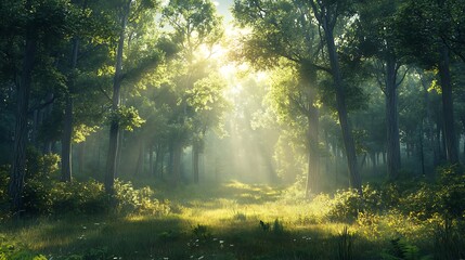 Obraz premium A beautiful forest panorama with tall trees and sunset background