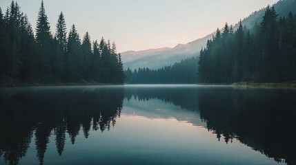 Fototapeta premium Tranquil Morning Reflections Over a Serene Lake Surrounded by Pine Forests