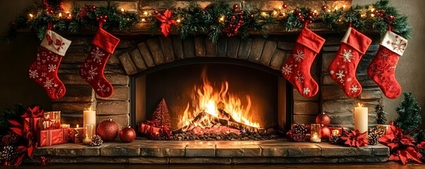 Cozy Christmas fireplace with stockings and presents.