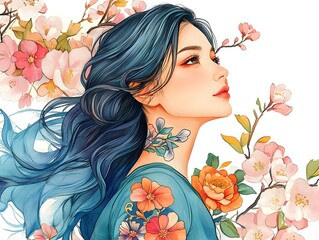 Fototapeta premium Serene Watercolor Portrait of Japanese Woman.