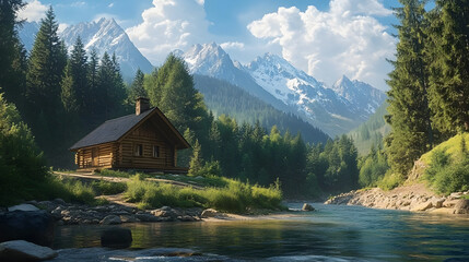 Fototapeta premium Cabin by the River in the Mountains