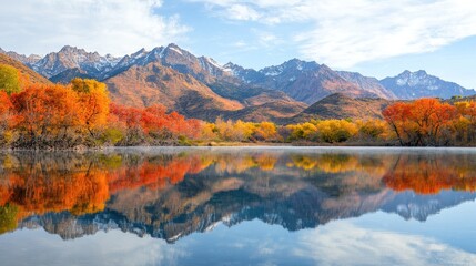 Obraz premium landscape featuring autumn foliage reflecting in a calm lake with mountains in the background.