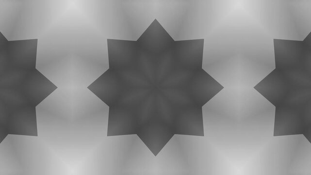 A symmetrical black and white geometric pattern with star-like shapes and linear designs.