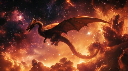 Fototapeta premium Ethereal dragon flying through a celestial sky, with stars and glowing nebulae all around