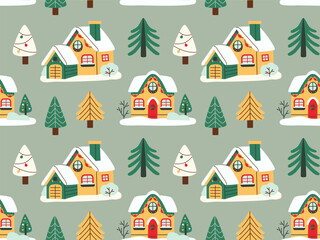 Seamless Christmas pattern with festive houses, decorated trees, and snow in flat style. Perfect for holiday wrapping paper, textile, and winter-themed designs.