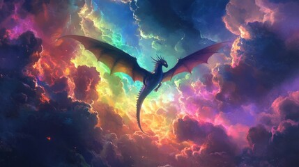 Obraz premium Ethereal dragon flying through a rainbow-filled sky, surrounded by mystical clouds