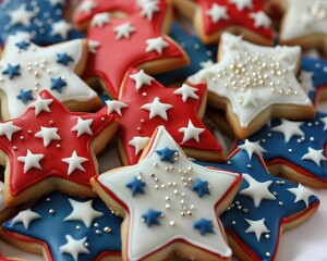 Obraz premium Colorful star-shaped cookies decorated with red, white, and blue icing, featuring festive designs perfect for celebrations.