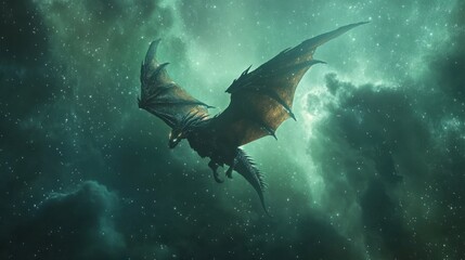 Obraz premium Ethereal dragon with glowing wings flying through a mystical sky filled with stars