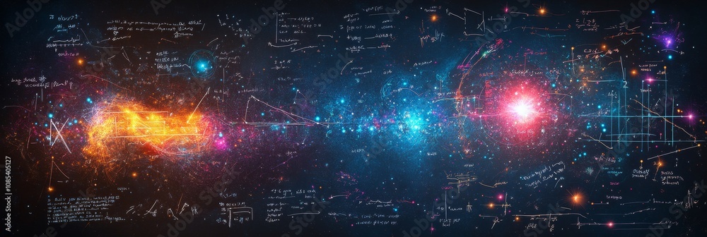 Wall mural cosmic calculus abstract background with glowing equations and formulas on a chalkboard
