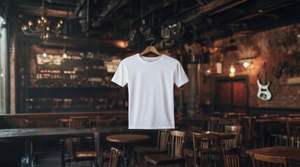 Fototapeta premium Blank White T-shirt Hanging in Bar: A simple white t-shirt hangs on a hanger in a dimly lit bar, showcasing its blank canvas for design and creativity.