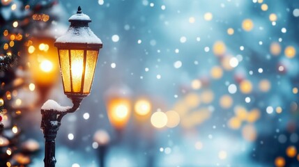 A snow-covered street lamp glows brightly against a backdrop of twinkling lights.