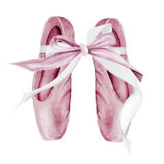 Pointe shoes watercolor. Hand drawn pink ballerina accessories postcard on isolated white background. Clip art of elegant satin ballet shoes with space for name inscription. Ideal card for ballet and © Татьяна Трущелева