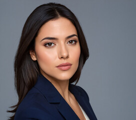 Beautiful blonde woman confidently poses in a stylish suit against a neutral background