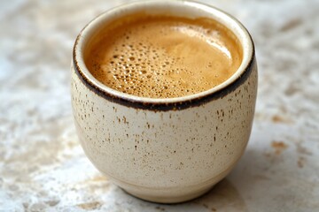 Freshly Brewed Coffee in a Rustic Cup with Rich Crema
