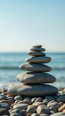 Fototapeta premium Balanced Zen Stone Cairn Stack on Peaceful Beach with Smooth Pebbles Against Turquoise Ocean Background, Natural Meditation and Wellness Concept