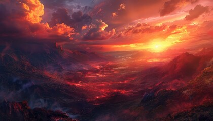 Naklejka premium A fiery sunset over a volcanic landscape with flowing lava