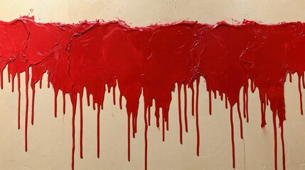 Bold red acrylic paint drip forming thick streaks on a neutral background, vibrant and glossy