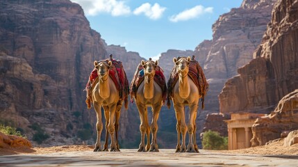 Three Camels Standing in a Desert Landscape
