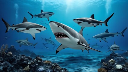 Fototapeta premium What If Sharks Disappeared? The Ocean's Chaos Without Top Predators, Generative AI
