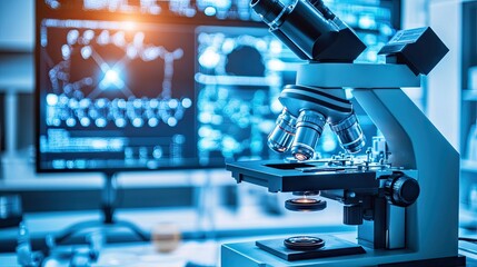 Advanced microscope analyzing nanotech samples in a bright, modern laboratory, with various data screens in the background