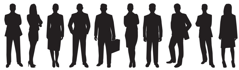 silhouettes of people working group of standing in different poses.  business people vector