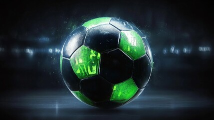 Naklejka premium Glowing Soccer Ball Isolated on Dark Background, Digital Sports Art, Competitive Theme.