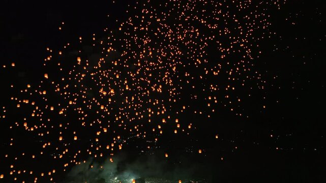 Thai tradition lanna Lantern on Yeepeng Festival with firework, Flying sky tradition Thai Lanna Lantern on Yeepeng festival, Loy Krathong Festival or Yeepeng Festival with light Lanna paper lantern an