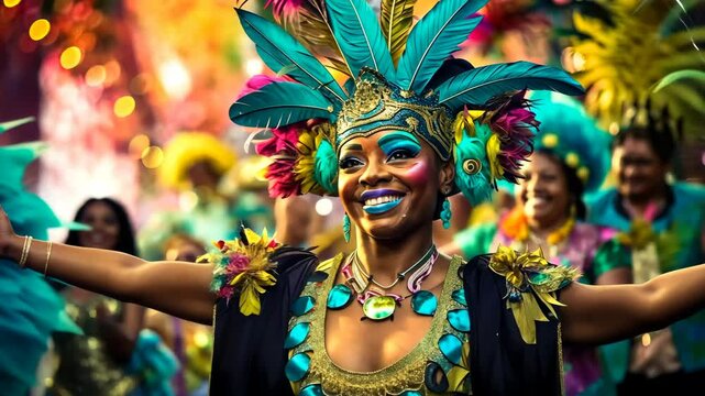 dancer with colorful costume smiling during carnival parade