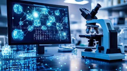 Fototapeta premium Advanced microscope with nanotech samples in a laboratory, showing molecular structures on high-resolution screens nearby