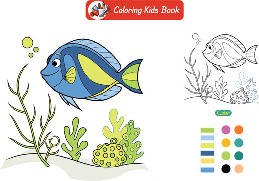 Coloring book for kids blue tang fish vector