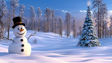 Fototapeta premium Joyful Snowman in Winter Wonderland Serene Landscape Holiday Cheer Frosty Environment Whimsical Viewpoint Family Fun