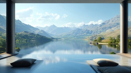 Modern Architecture with Breathtaking Mountain Lake View