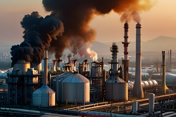 Aerial view of steel plant at night with smokestacks and fire blazing out of the pipe. Industrial panoramic landmark with blast furnance of metallurgical production. Concept of environmental pollution