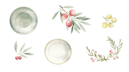 Set of watercolor hand drawn olives, olive branches, plates, leaves.
