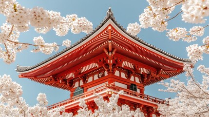 Naklejka premium red pagoda surrounded by blooming cherry blossoms under a clear blue sky.