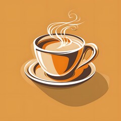 Obraz premium Retro-style coffee cup with steam, set on a warm orange background