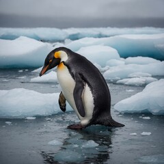 Obraz premium Penguins huddling together on an icy shore.