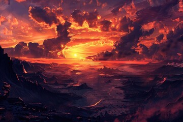 Fototapeta premium Fiery Sunset Over a Volcanic Landscape