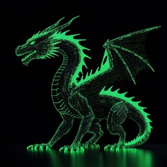 Fototapeta premium Glowing Green Digital Dragon Mythical Creature Fantasy Art 3D Render