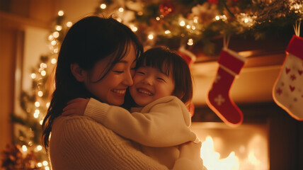 暖炉の前でクリスマスの愛を分かち合う日本人の親子
