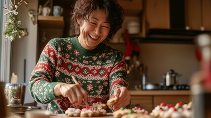 クリスマス模様のセーターを着てクッキーを飾る日本人