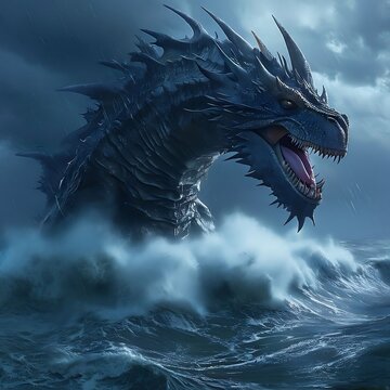Un drago marino gigantesco che emerge dall'oceano durante una tempesta
A gigantic sea dragon emerging from the ocean during a storm