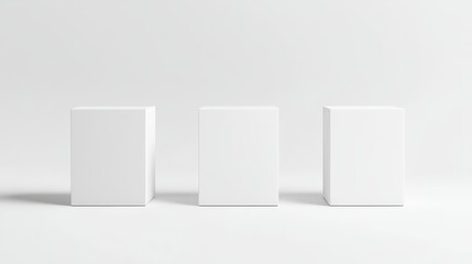 Minimalist Product Display: Three sleek, blank boxes stand in a row on a pristine background, ready to showcase your brand's identity. Minimalist design, clean lines.