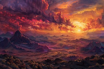 Fototapeta premium A Fiery Sunset over a Rugged Mountainous Landscape
