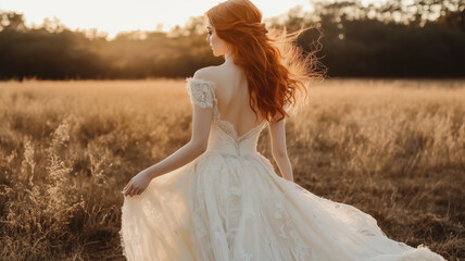 夕暮れの草原を歩くレトロな白いドレスの日本人女性