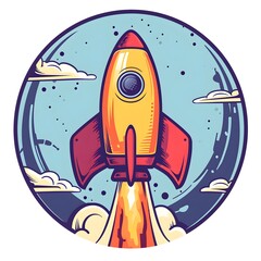 Retro-style rocket launch with bold colors and a circular frame featuring stars and clouds